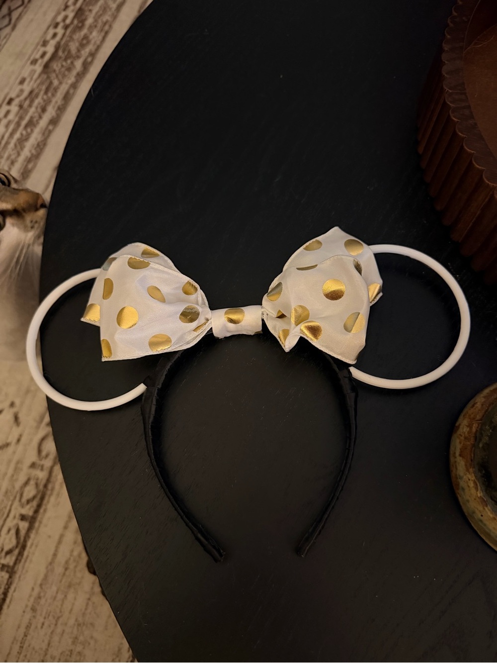 Gold Polka Dot Bow Minnie Ear Headband - White & Gold